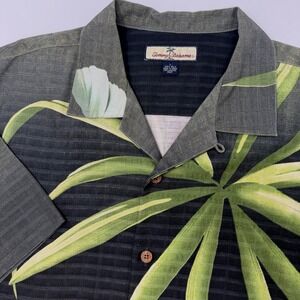 Tommy Bahama Mens Large‎ Silk Camp Shirt Tropical Leaf Print Black Grey Green